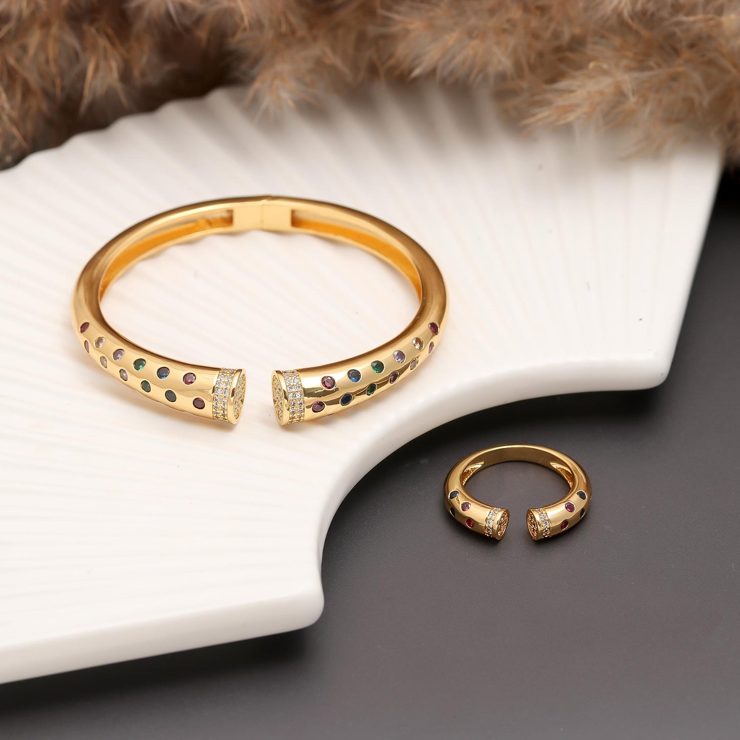 Gold-Tone Openable Bracelet and Matching Ring Set with Multi-Color Gem Accents and Diamond-Look Detailing | Festive and Contemporary Jewelry for Women
