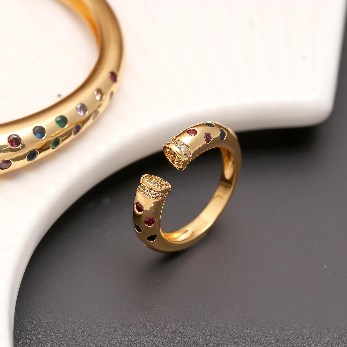 Gold-Tone Openable Bracelet and Matching Ring Set with Multi-Color Gem Accents and Diamond-Look Detailing | Festive and Contemporary Jewelry for Women