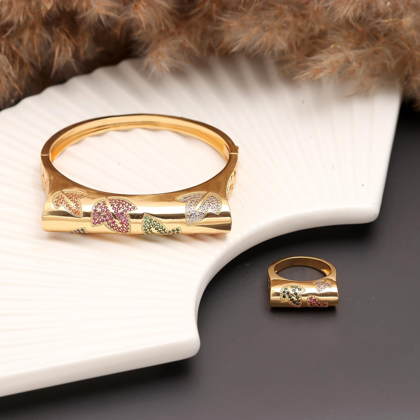 Gold Finish Bracelet and Ring Set with Colorful Enamel Butterfly Motifs | Playful Statement Jewelry for Festive and Contemporary Styling