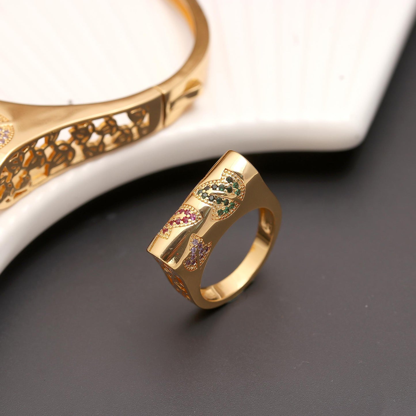 Gold Finish Bracelet and Ring Set with Colorful Enamel Butterfly Motifs | Playful Statement Jewelry for Festive and Contemporary Styling