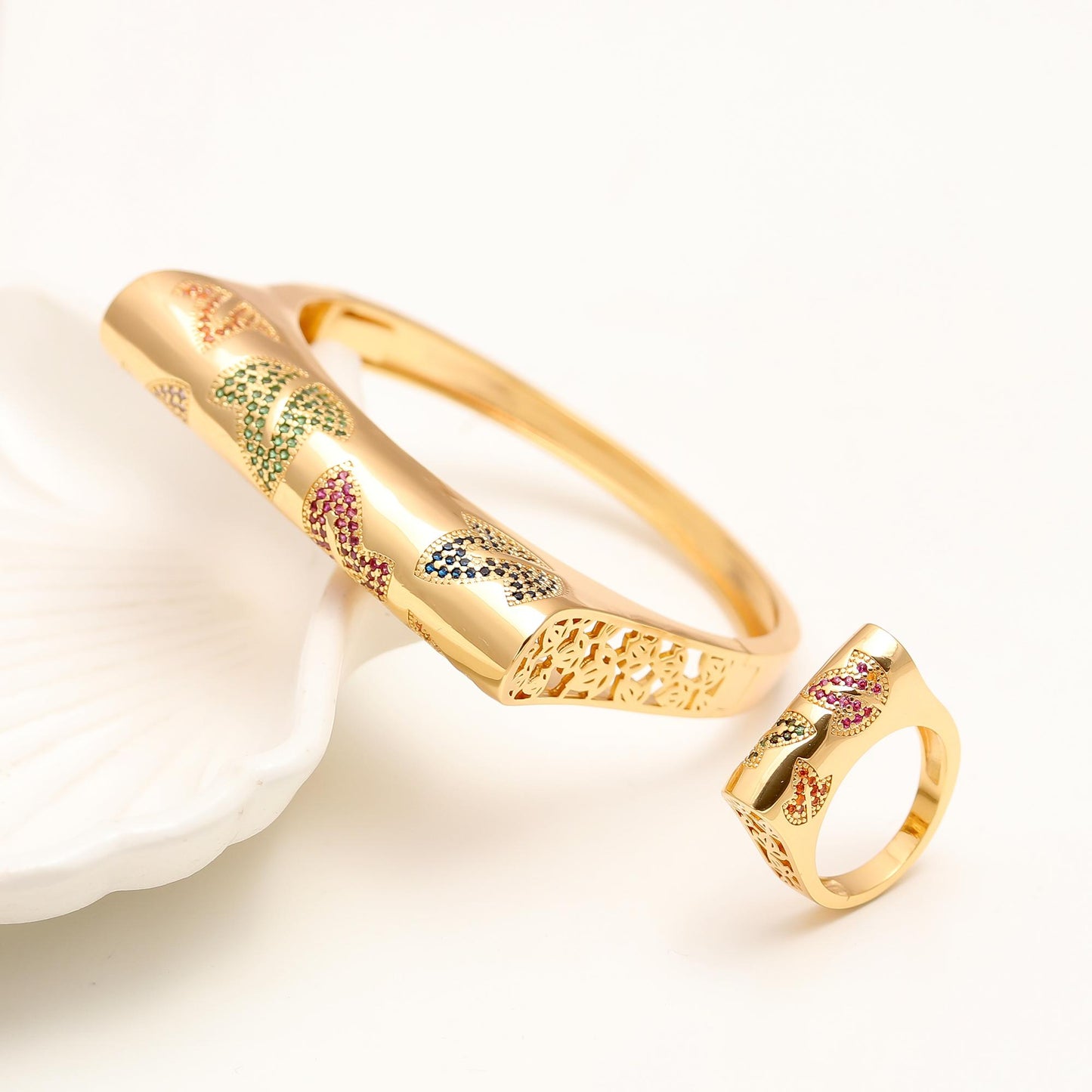 Gold Finish Bracelet and Ring Set with Colorful Enamel Butterfly Motifs | Playful Statement Jewelry for Festive and Contemporary Styling