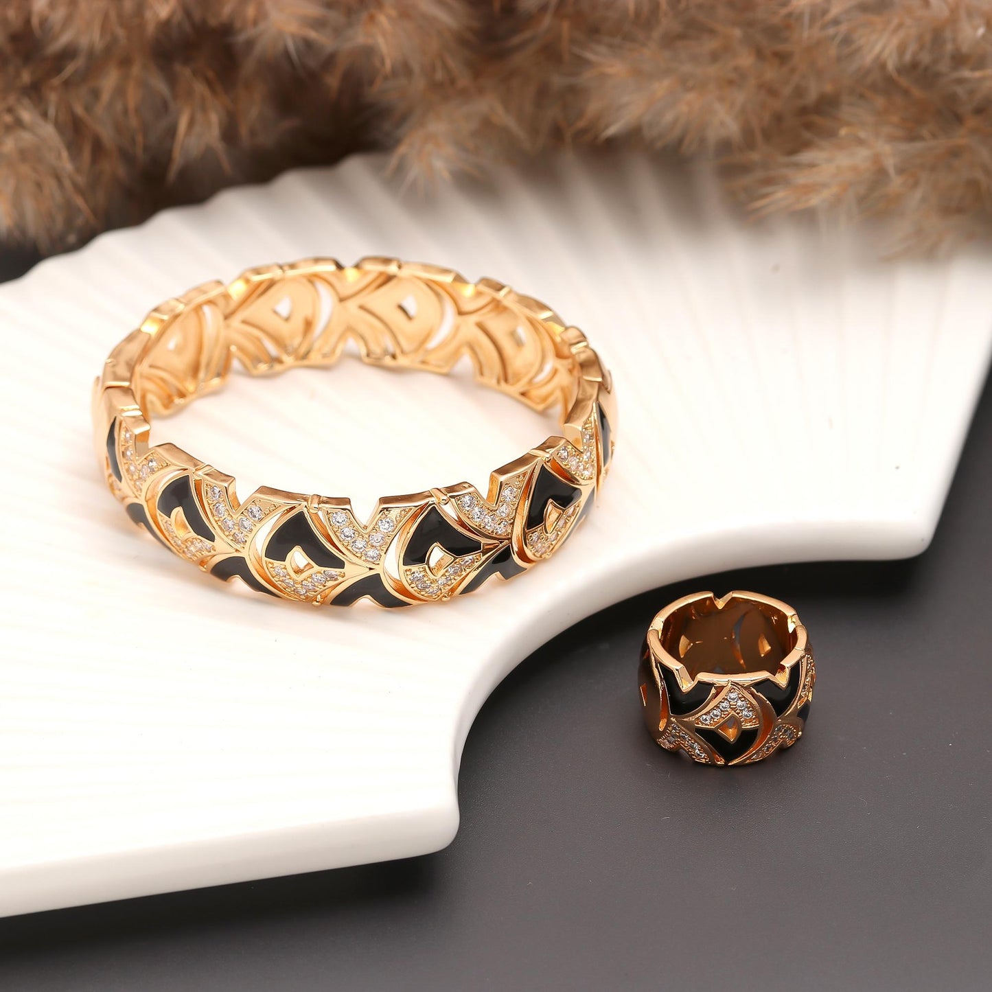Gold Finish Bracelet and Ring Set with Black Enamel Accents and Diamond Look Paved Detailing | Bold Statement Jewelry for Modern Elegance