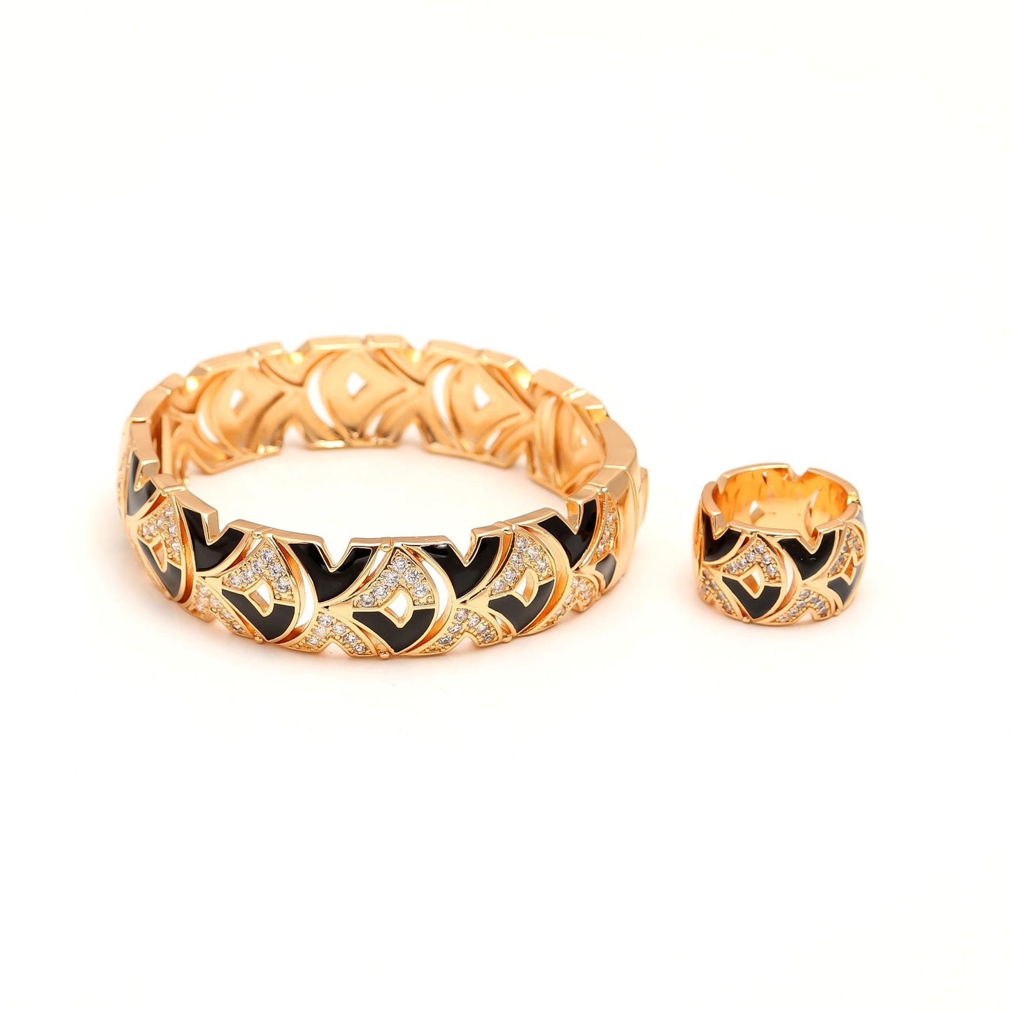 Gold Finish Bracelet and Ring Set with Black Enamel Accents and Diamond Look Paved Detailing | Bold Statement Jewelry for Modern Elegance