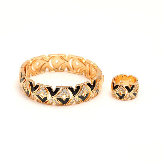 Gold Finish Bracelet and Ring Set with Black Enamel Accents and Diamond Look Paved Detailing | Bold Statement Jewelry for Modern Elegance