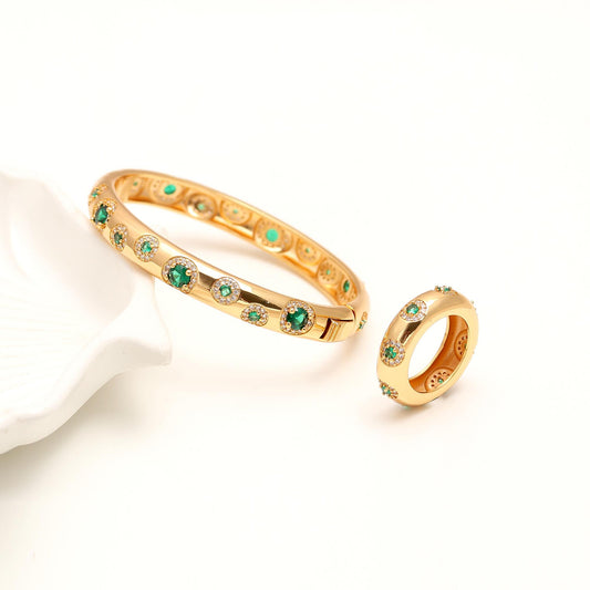 Gold Bracelet and Ring Set with Emerald Green Accents and Diamond Look Highlights | Timeless Jewelry for Sophisticated Elegance