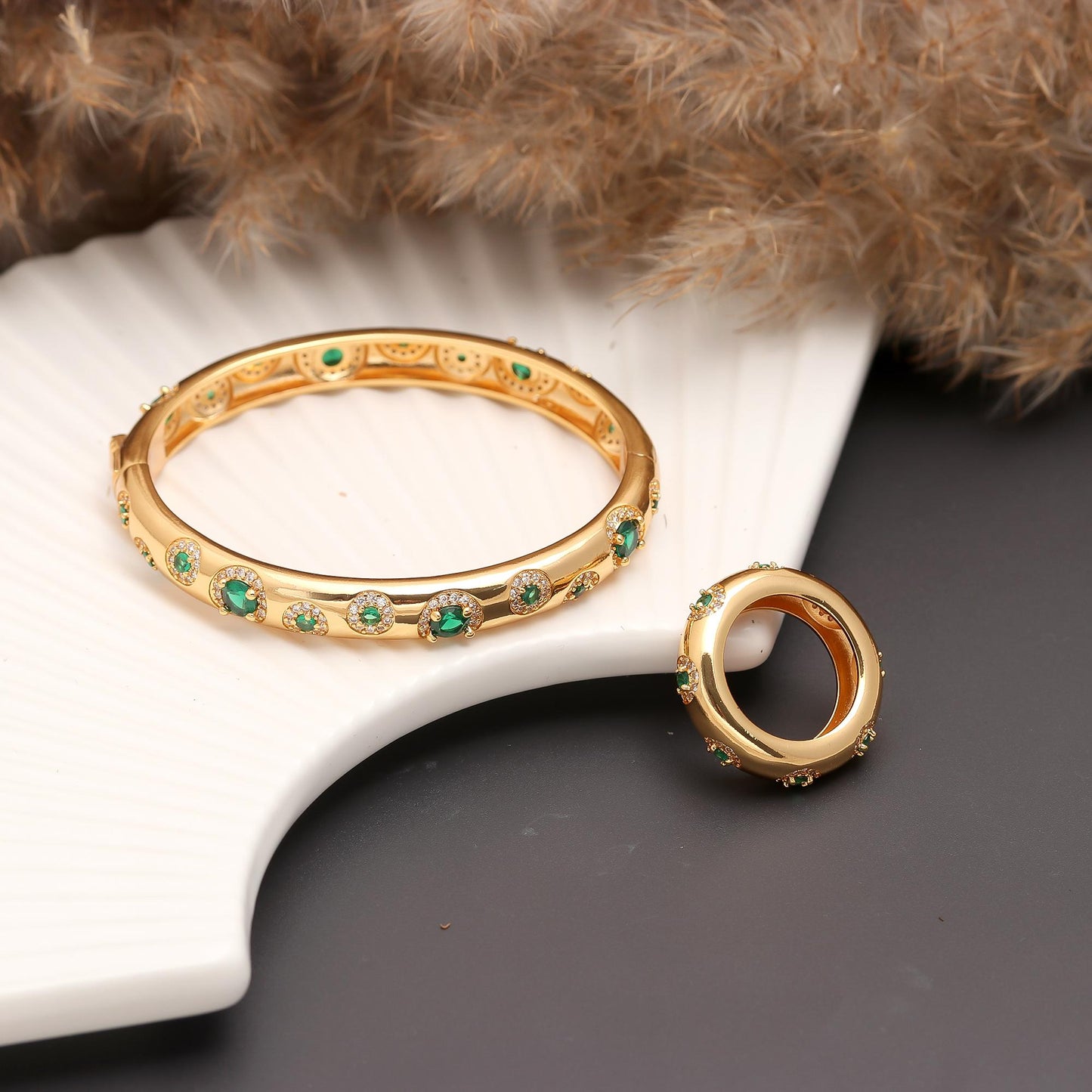 Gold Bracelet and Ring Set with Emerald Green Accents and Diamond Look Highlights | Timeless Jewelry for Sophisticated Elegance