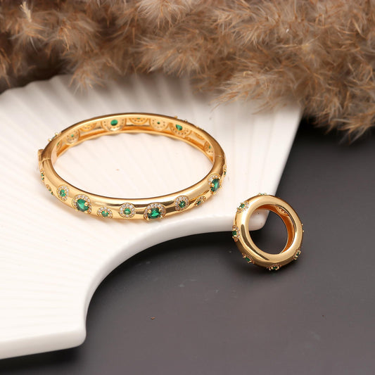 Gold Bracelet and Ring Set with Emerald Green Accents and Diamond Look Highlights | Timeless Jewelry for Sophisticated Elegance