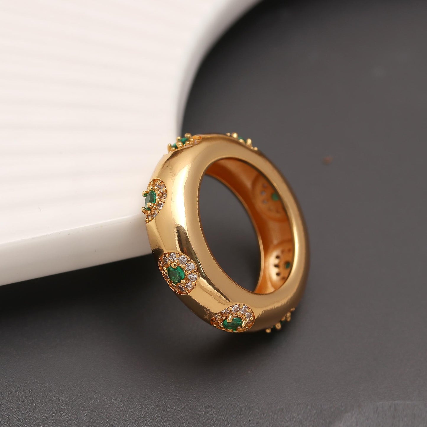 Gold Bracelet and Ring Set with Emerald Green Accents and Diamond Look Highlights | Timeless Jewelry for Sophisticated Elegance