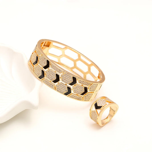 Chevron Chic Bracelet & Ring Set – Gold-Tone Geometric Jewellery with Black Enamel & Pavé CZ Accents | Modern Statement Bracelet & Matching Ring for Contemporary Style