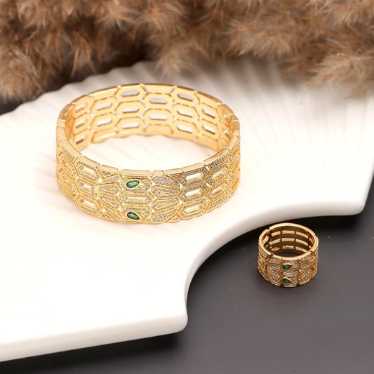 Gold Finish Bracelet and Ring Set with Honeycomb Cutwork, Diamond Look Detailing and Emerald Green Accents | Elegant Statement Jewelry for Festive and Evening Wear