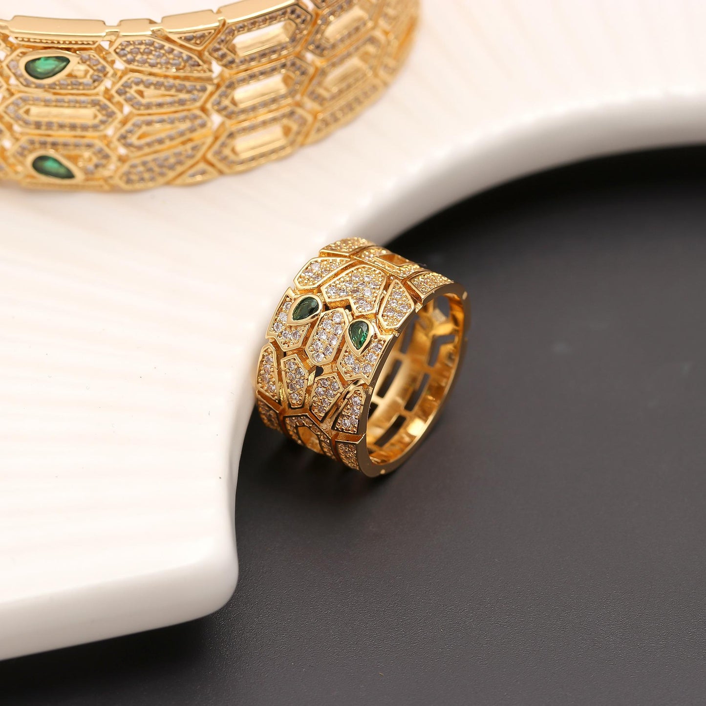 Gold Finish Bracelet and Ring Set with Honeycomb Cutwork, Diamond Look Detailing and Emerald Green Accents | Elegant Statement Jewelry for Festive and Evening Wear