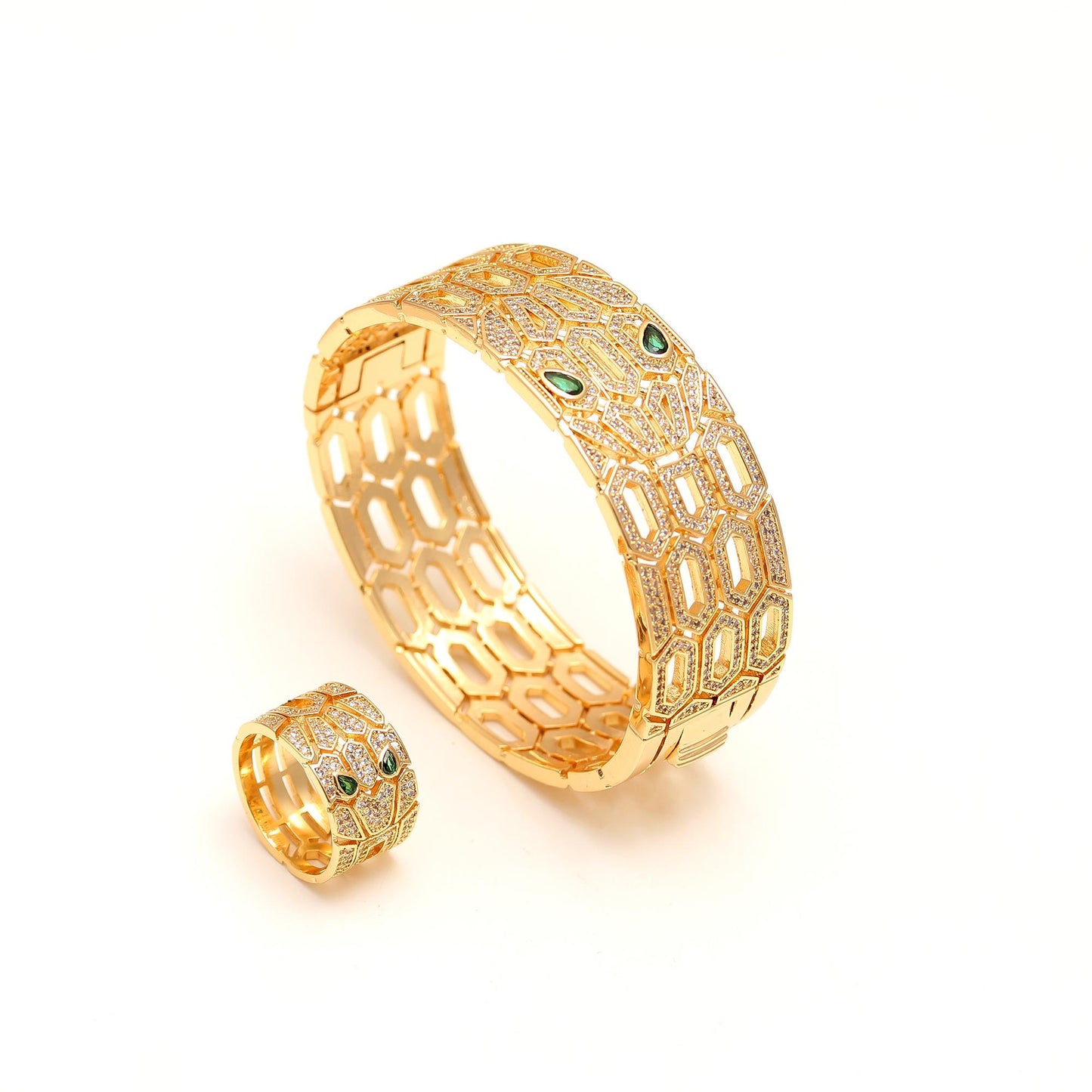 Gold Finish Bracelet and Ring Set with Honeycomb Cutwork, Diamond Look Detailing and Emerald Green Accents | Elegant Statement Jewelry for Festive and Evening Wear