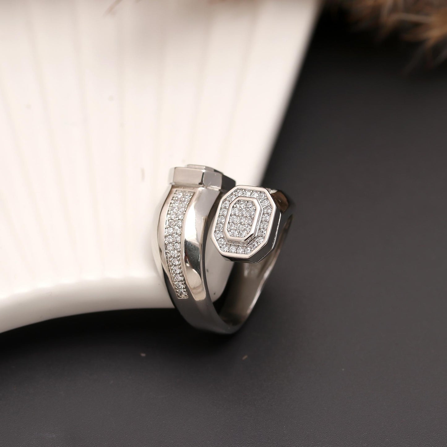 Elegant Silver-Tone Bracelet and Matching Ring Set with Paved Zircon Detailing | Contemporary Jewelry Duo for Special Occasions and Everyday Sophistication