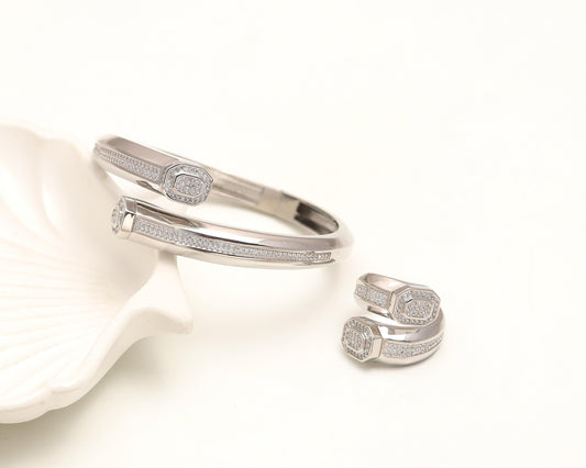 Elegant Silver-Tone Bracelet and Matching Ring Set with Paved Zircon Detailing | Contemporary Jewelry Duo for Special Occasions and Everyday Sophistication
