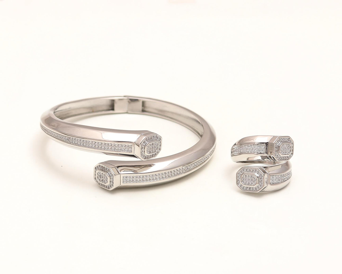 Elegant Silver-Tone Bracelet and Matching Ring Set with Paved Zircon Detailing | Contemporary Jewelry Duo for Special Occasions and Everyday Sophistication