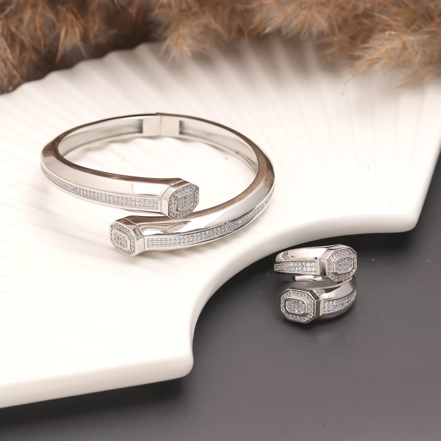 Elegant Silver-Tone Bracelet and Matching Ring Set with Paved Zircon Detailing | Contemporary Jewelry Duo for Special Occasions and Everyday Sophistication