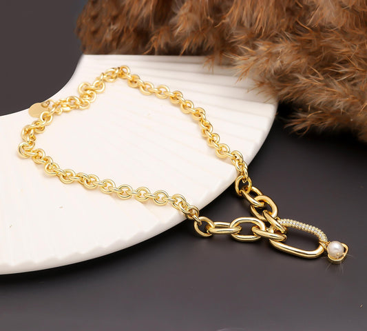 Chunky Gold Chain Necklace with Pearl & Pendant Charm | Statement Necklace for Women | Bold Fashion Jewelry