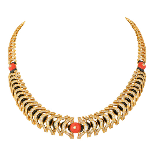 Gold-Plated Coral Red & Black Enamel Statement Necklace – Royal Designer Jewelry