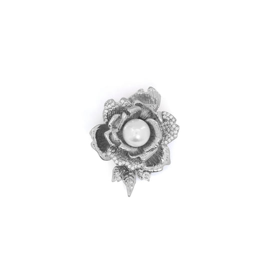 Vintage Rose Pearl Brooch – Sculpted Silver-Tone Floral Brooch with Textured Petals, Pavé CZ Accents & Central Pearl | Elegant Bridal, Festive & Classic Wear Pin