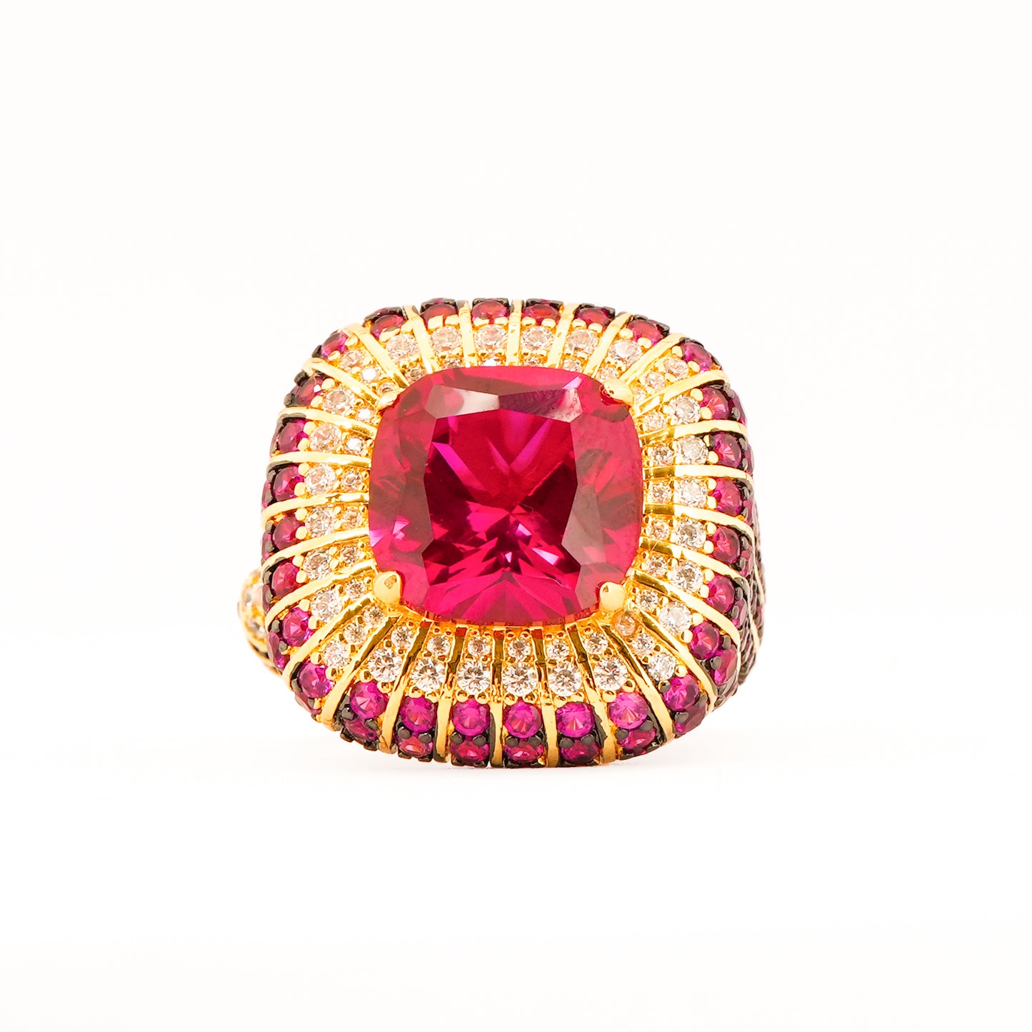 Ruby Red Stone Ring for Women with Square Design and Dual Studded Border of Red and White Crystals | Fashion Jewelry for Party, Wedding and Daily Wear