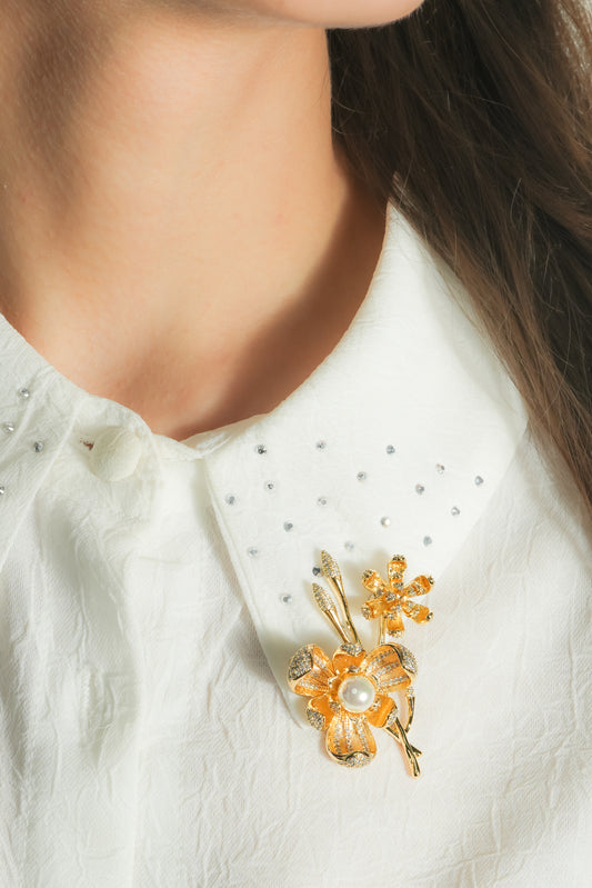 Twin Pave Flower Spray Brooch | Gold-Tone Floral Pin with Dual Sculpted Flowers, Clear CZ Detailing & Central Pearl Accent | Elegant Saree & Shawl Brooch