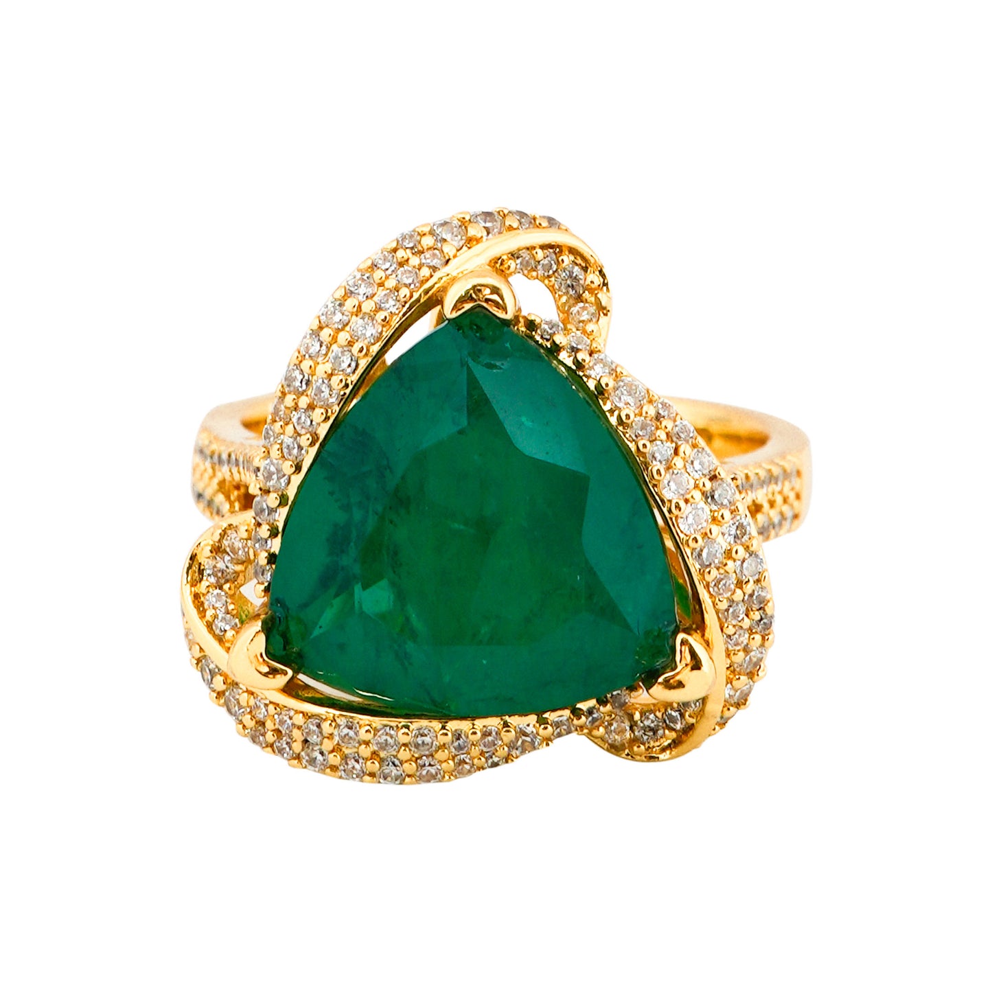 Gold Finish Green Triangle Emerald Stone Ring for Women with Diamond Look Swirl Border | Statement Cocktail and Party Wear Jewelry