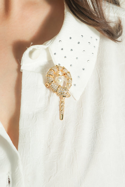 Pearl and Pave Floral Spray Brooch | Silver Tone Bouquet Brooch with CZ Encrusted Leaves and Five Imitation Pearls | Elegant Vintage Inspired Statement Pin