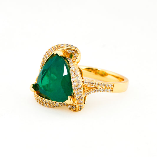 Gold Finish Green Triangle Emerald Stone Ring for Women with Diamond Look Swirl Border | Statement Cocktail and Party Wear Jewelry