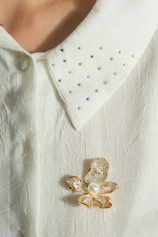 Sparkling Pearl Flower Brooch | Gold-Tone Pave Floral Pin with Marquise CZ Accents & Central Imitation Pearl | Elegant Statement Brooch