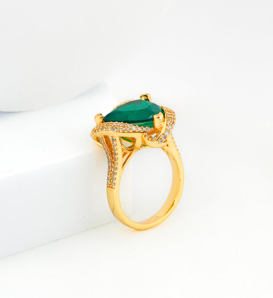 Gold Finish Green Triangle Emerald Stone Ring for Women with Diamond Look Swirl Border | Statement Cocktail and Party Wear Jewelry
