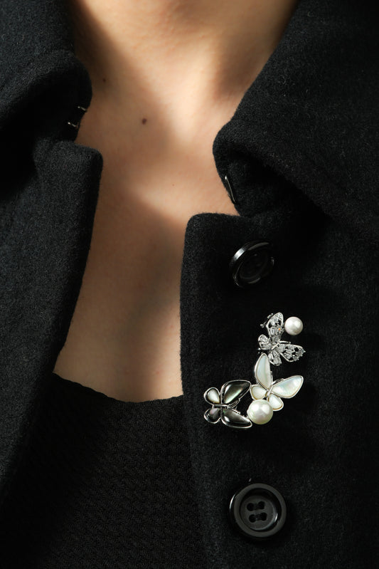 Mother-of-Pearl Butterfly Cluster Brooch – Silver-Tone Bar Brooch with Dual MOP Inlay, CZ-Pave Butterfly & Pearl Accents | Elegant Bridal & Festive Statement Pin