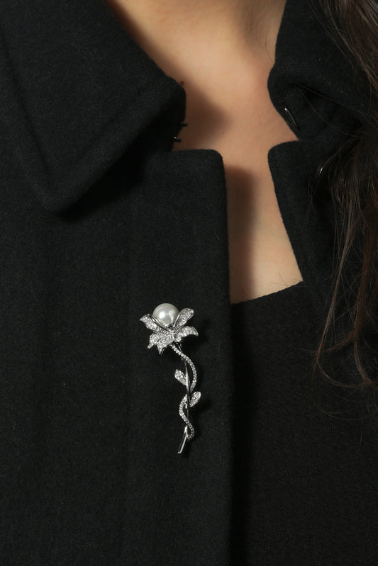 Pave Flower Vine Bar Brooch | Silver Tone Floral Brooch with CZ Pave Flower, Leafy Vine and Pearl Center | Elegant Bridal and Festive Statement Pin