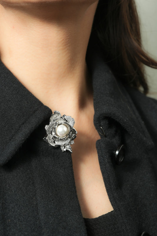 Vintage Rose Pearl Brooch – Sculpted Silver-Tone Floral Brooch with Textured Petals, Pavé CZ Accents & Central Pearl | Elegant Bridal, Festive & Classic Wear Pin