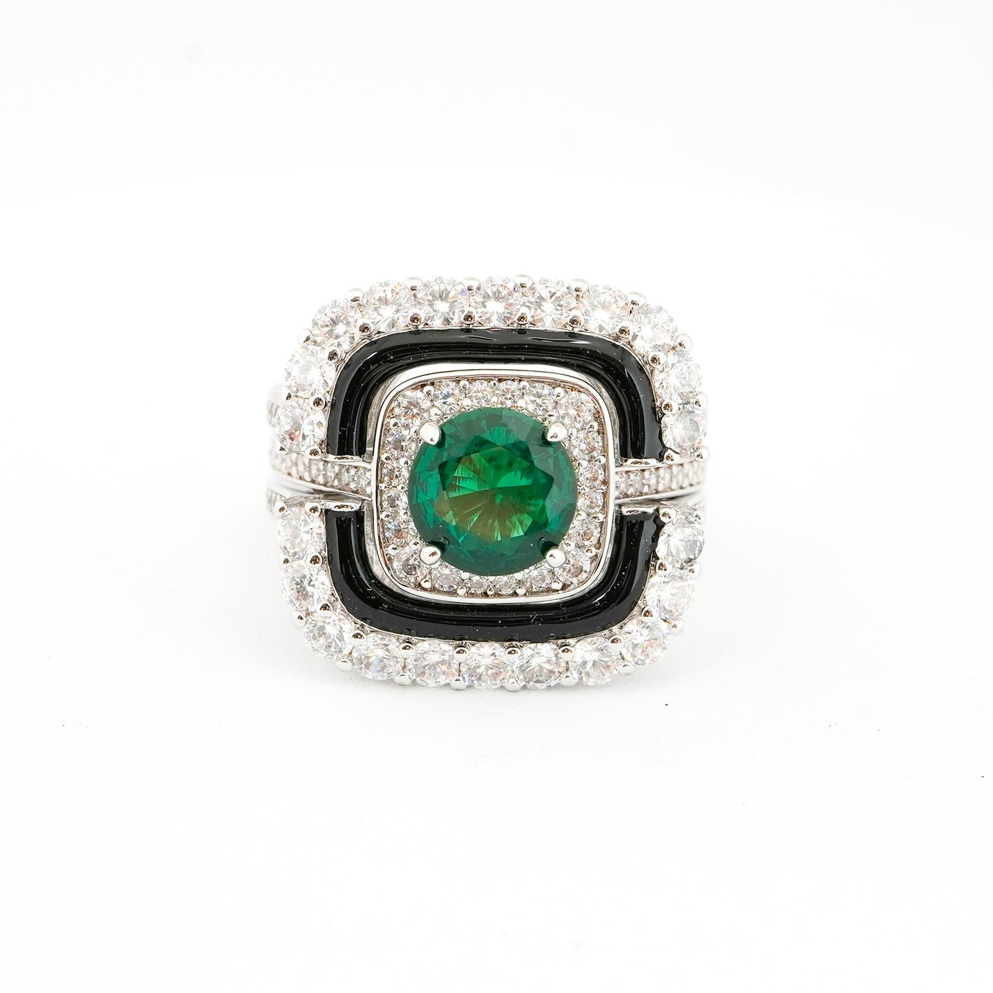 Silver Finish Green Emerald Stone Ring for Women with Black Enamel and Diamond Look Border | Elegant Cocktail and Party Wear Jewelry