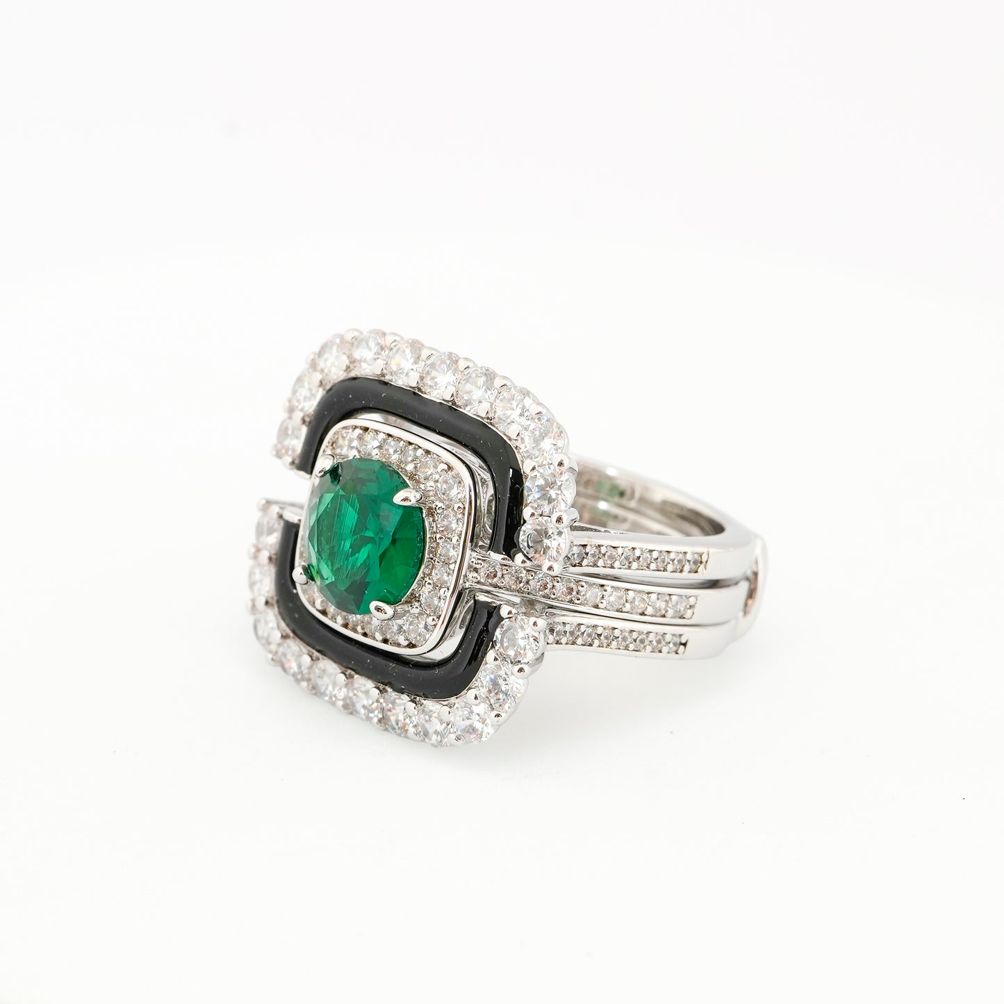 Silver Finish Green Emerald Stone Ring for Women with Black Enamel and Diamond Look Border | Elegant Cocktail and Party Wear Jewelry
