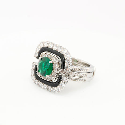 Silver Finish Green Emerald Stone Ring for Women with Black Enamel and Diamond Look Border | Elegant Cocktail and Party Wear Jewelry