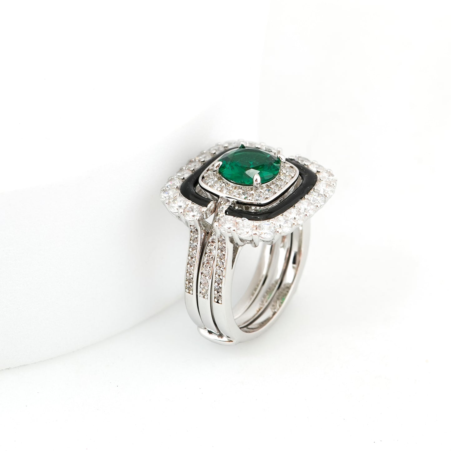 Silver Finish Green Emerald Stone Ring for Women with Black Enamel and Diamond Look Border | Elegant Cocktail and Party Wear Jewelry