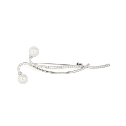 Modern Double Pearl Pave Bar Pin | Silver Tone Minimalist Brooch with Curved Abstract Design, CZ Pave Lines and Dual Pearl Accents | Elegant Contemporary Statement Pin