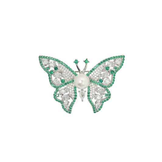 Emerald Pave Butterfly Brooch | Silver Tone Butterfly Pin with Green CZ Outline, Marquise CZ Wings and Pearl Center | Elegant Festive and Bridal Statement Brooch