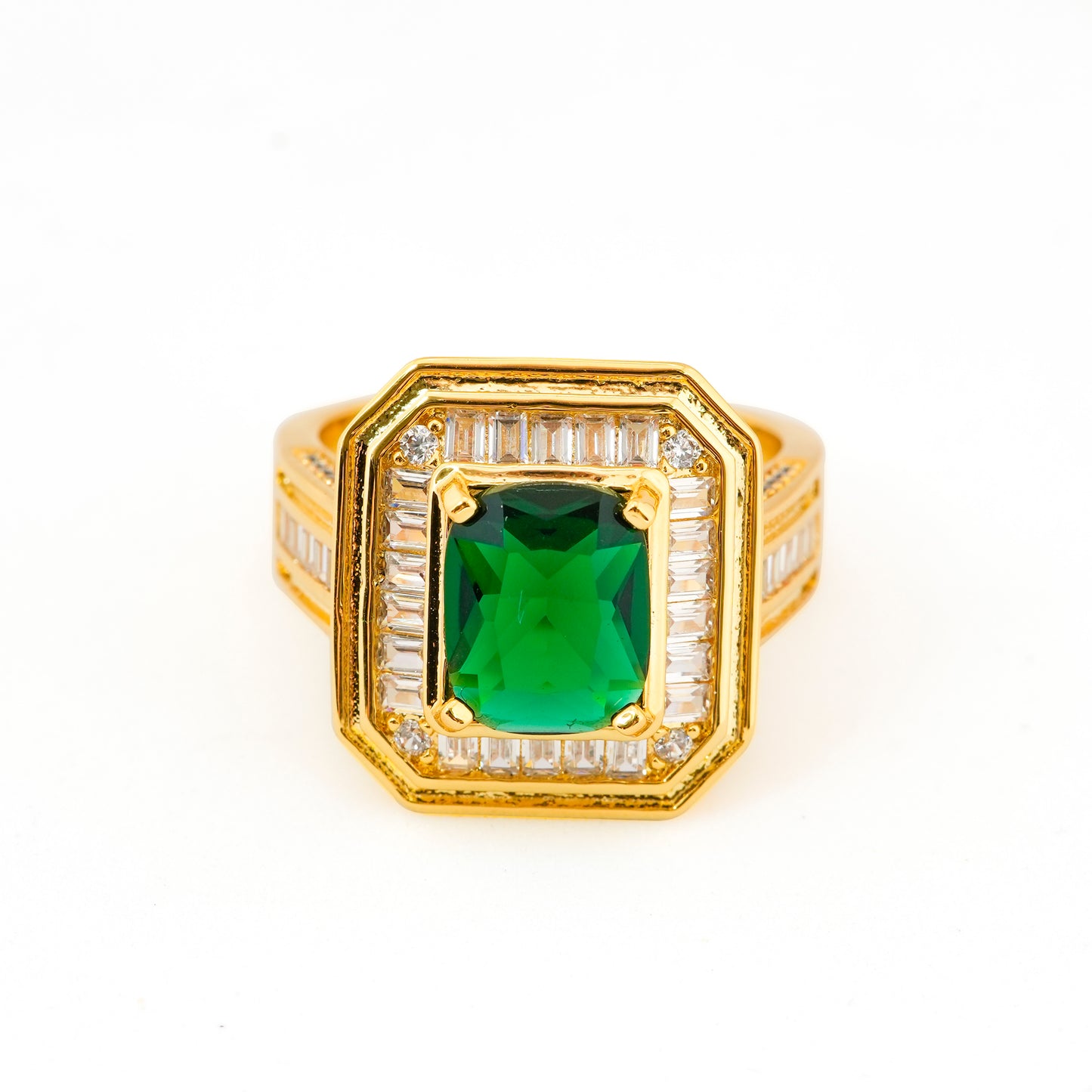 Gold Finish Green Emerald Stone Ring for Women with Rectangular Design and Diamond Look Studded Border | Elegant Statement Fashion Jewelry for Wedding, Party, and Special Occasions