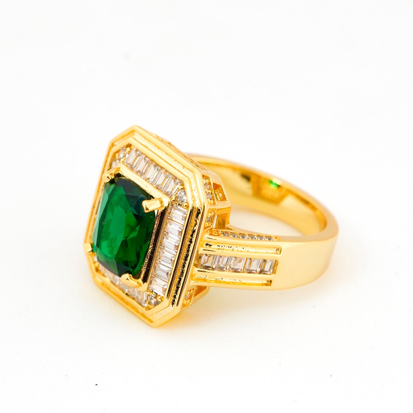 Gold Finish Green Emerald Stone Ring for Women with Rectangular Design and Diamond Look Studded Border | Elegant Statement Fashion Jewelry for Wedding, Party, and Special Occasions