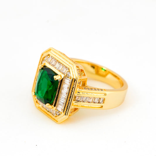 Gold Finish Green Emerald Stone Ring for Women with Rectangular Design and Diamond Look Studded Border | Elegant Statement Fashion Jewelry for Wedding, Party, and Special Occasions