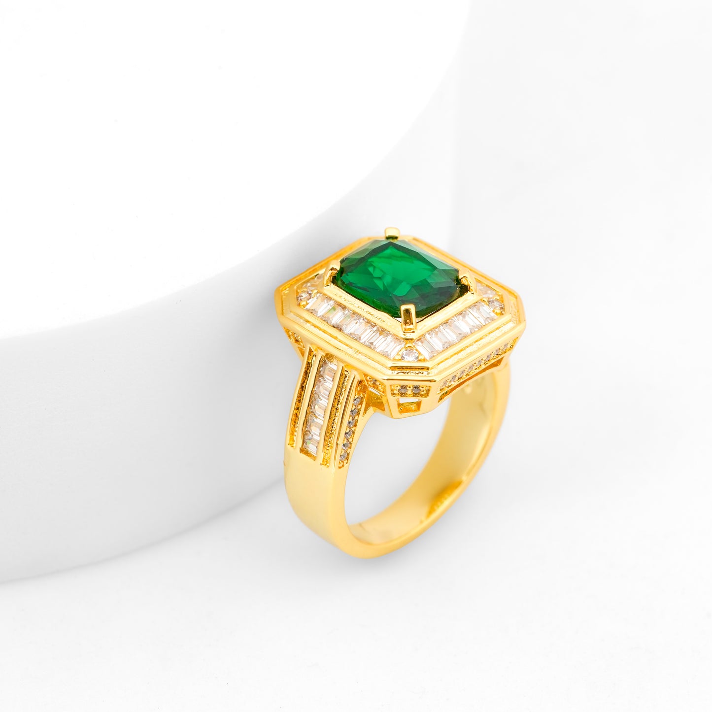 Gold Finish Green Emerald Stone Ring for Women with Rectangular Design and Diamond Look Studded Border | Elegant Statement Fashion Jewelry for Wedding, Party, and Special Occasions