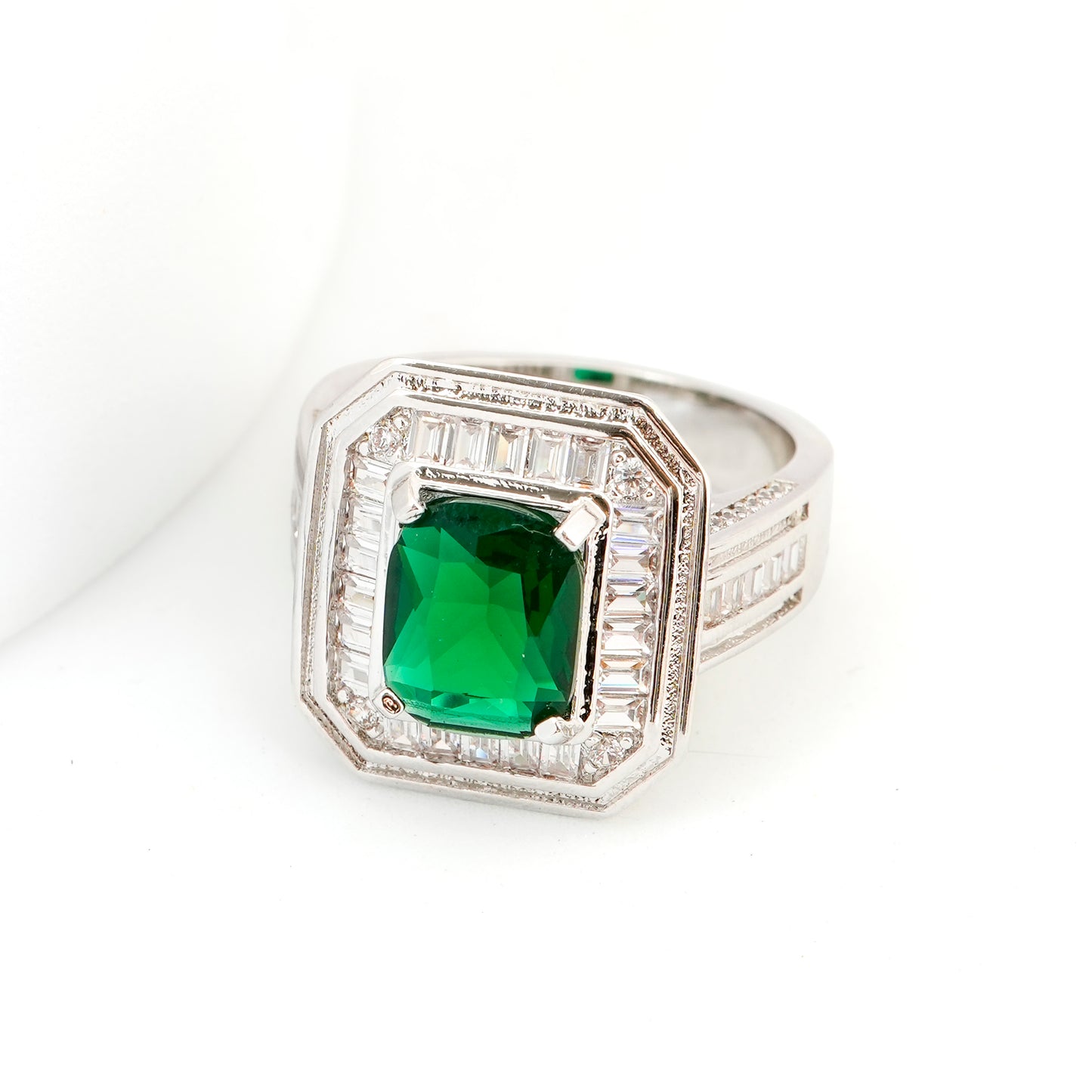 Silver Finish Green Emerald Stone Ring for Women with Rectangular Design and Diamond Look Baguette Studded Border | Stylish Statement Fashion Jewelry for Wedding, Party, and Special Occasions