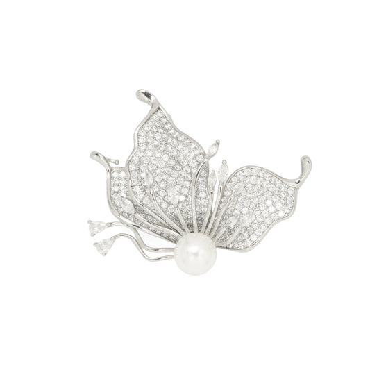 Glimmering Pave Butterfly Brooch | Silver Tone Abstract Butterfly Pin with Full CZ Pave Wings, Teardrop CZ Accents and Pearl Body | Elegant Festive and Bridal Statement Brooch