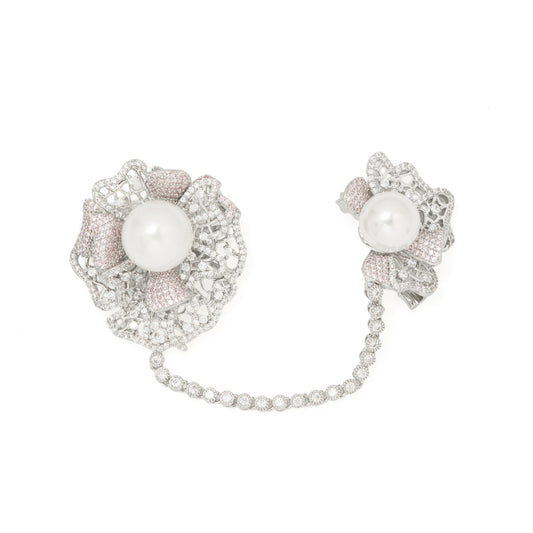 Bridal Blossom Dual Brooch Set with Chain – Silver-Tone Floral Brooch Pair with Pave CZ Detailing & Pearl Centerpiece | Elegant Bridal & Festive Jewellery Accessory