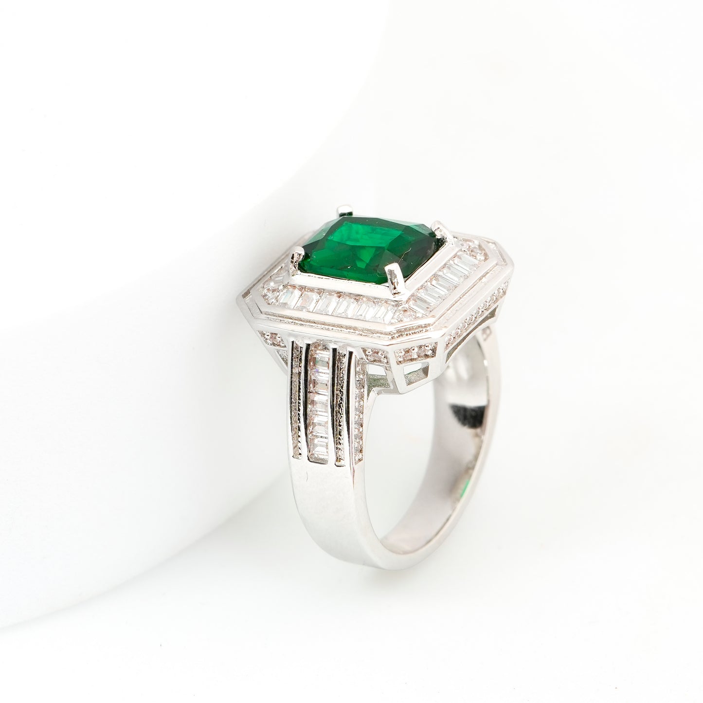 Silver Finish Green Emerald Stone Ring for Women with Rectangular Design and Diamond Look Baguette Studded Border | Stylish Statement Fashion Jewelry for Wedding, Party, and Special Occasions