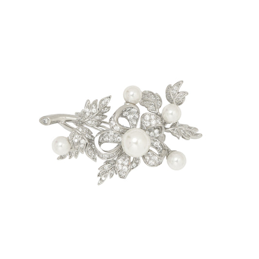 Pearl and Pave Floral Spray Brooch | Silver Tone Bouquet Brooch with CZ Encrusted Leaves and Five Imitation Pearls | Elegant Vintage Inspired Statement Pin