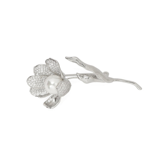 Pave Magnolia Stem Brooch | Silver Tone Floral Brooch with CZ Pave Petals, Textured Leaves and Pearl Center | Elegant Bridal and Festive Statement Pin
