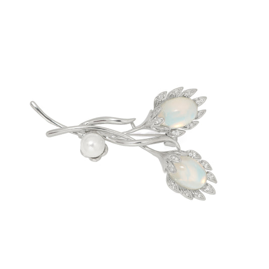 Opal Bud Floral Brooch | Silver Tone Brooch with Iridescent Opalite Buds, Pave CZ Petal Accents and Pearl Detail | Elegant Botanical Statement Pin for Sarees and Formal Wear